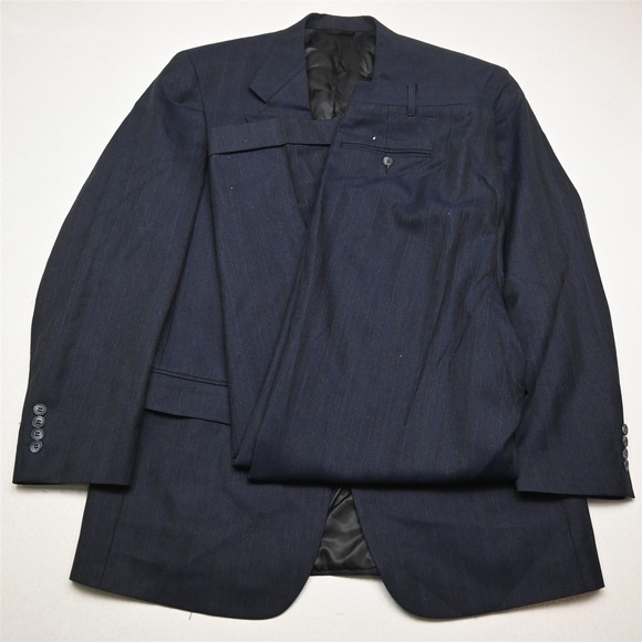 Vtg USA Made 42R 33x32 Blue Striped 100% Wool Mens Jacket Pants Suit